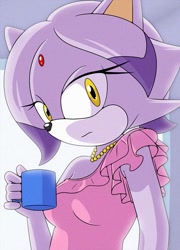 Size: 718x1000 | Tagged: safe, artist:sonicguru, blaze the cat, cat, alternate outfit, hair down, looking at viewer, mug, solo