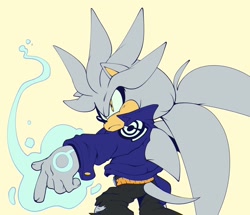 Size: 1200x1031 | Tagged: safe, artist:meowthcringe, silver the hedgehog, hedgehog, alternate outfit, crossover, dragon ball z, jacket, ponytail, psychokinesis, simple background, trunks (dbz), yellow background