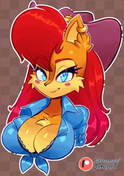 Size: 847x1200 | Tagged: suggestive, artist:jamo_art, artist:jamoart, sally acorn, chipmunk, abstract background, alternate outfit, bust, busty sally, cleavage fluff, cowpoke outfit, solo
