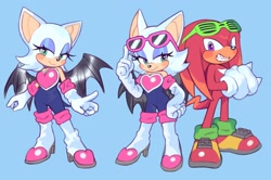 Size: 2048x1356 | Tagged: safe, artist:mossan315, knuckles the echidna, rouge the bat, bat, echidna, blue background, duo, eyewear on head, full body, grin, hands together, looking at viewer, rouge's heart top, simple background, smile, standing, sunglasses