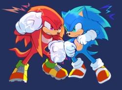 Size: 1600x1180 | Tagged: safe, artist:mossan315, knuckles the echidna, sonic the hedgehog, echidna, hedgehog, sonic the hedgehog 2 (2022), blue background, clenched fists, clenched teeth, duo, frown, full body, looking at each other, looking at them, simple background