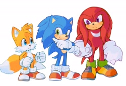Size: 2048x1400 | Tagged: safe, artist:mossan315, knuckles the echidna, miles "tails" prower, sonic the hedgehog, echidna, fox, hedgehog, sonic the hedgehog 2 (2022), child, clenched fists, frown, full body, looking at them, simple background, smile, standing, team sonic, trio, white background