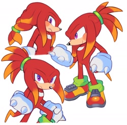 Size: 1536x1510 | Tagged: safe, artist:mossan315, knuckles the echidna, echidna, alternate hairstyle, braids, clenched fists, frown, hair up, looking at viewer, ponytail, simple background, solo, standing, white background
