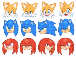 Size: 2048x1536 | Tagged: safe, artist:mossan315, knuckles the echidna, miles "tails" prower, sonic the hedgehog, echidna, fox, hedgehog, crying, expression sheet, frown, grin, lidded eyes, looking at viewer, one eye closed, simple background, smile, team sonic, tears, trio, white background, wink