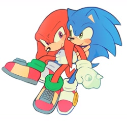 Size: 1059x1009 | Tagged: safe, artist:mossan315, knuckles the echidna, sonic the hedgehog, echidna, hedgehog, frown, full body, gay, hugging, hugging from behind, knuxonic, looking at them, shipping, simple background, sitting, smile, white background