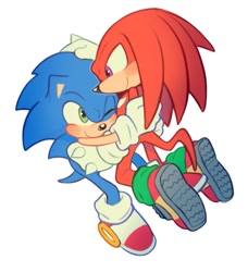 Size: 1039x1140 | Tagged: safe, artist:mossan315, knuckles the echidna, sonic the hedgehog, echidna, hedgehog, full body, gay, hand on another's head, hugging, knuxonic, one eye closed, shipping, simple background, smile, white background