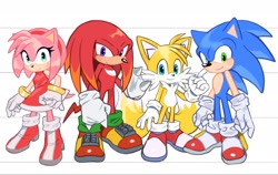 Size: 2048x1293 | Tagged: safe, artist:mossan315, amy rose, knuckles the echidna, miles "tails" prower, sonic the hedgehog, echidna, fox, hedgehog, amy's halterneck dress, full body, group, looking at viewer, simple background, smile, standing, white background