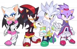 Size: 2048x1293 | Tagged: safe, artist:mossan315, blaze the cat, rouge the bat, shadow the hedgehog, silver the hedgehog, frown, full body, group, hand up, looking at viewer, simple background, smile, standing, white background