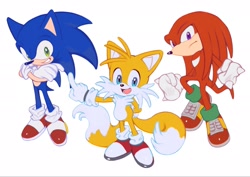 Size: 2048x1449 | Tagged: safe, artist:mossan315, knuckles the echidna, miles "tails" prower, sonic the hedgehog, echidna, fox, hedgehog, arm behind back, clenched fists, frown, full body, grin, mouth open, redraw, simple background, smile, standing, team sonic, trio, white background