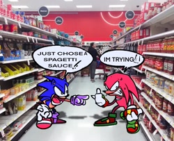 Size: 2048x1665 | Tagged: safe, artist:issac1323, knuckles the echidna, sonic the hedgehog, echidna, hedgehog, clenched teeth, dialogue, duo, food, holding something, indoors, mouth open, photographic background, pointing, shouting, speech bubble, standing