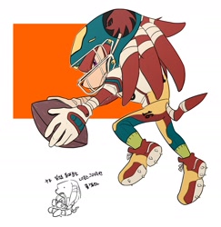 Size: 2331x2398 | Tagged: safe, artist:yvjvreb31ponkcc, knuckles the echidna, echidna, abstract background, alternate outfit, american football, american football (object), full body, helmet, holding something, korean text, sitting, solo