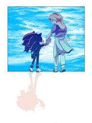 Size: 1500x2000 | Tagged: safe, artist:yvjvreb31ponkcc, maria robotnik, shadow the hedgehog, hedgehog, human, sonic adventure 2, child, duo, eyes closed, from behind, full body, holding hands, shadow (lighting), smile, standing, walking