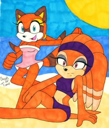 Size: 1195x1400 | Tagged: safe, artist:bageloftime, marine the raccoon, shade the echidna, echidna, raccoon, sonic chronicles, duo, swimsuit