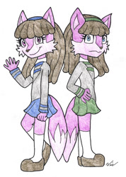 Size: 997x1400 | Tagged: safe, artist:bageloftime, leeta the wolf, lyco the wolf, wolf, back to back, duo, school uniform, simple background, white background