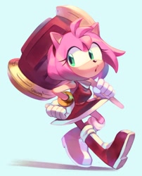 Size: 968x1199 | Tagged: safe, artist:qiinamii, amy rose, hedgehog, blue background, piko piko hammer, pose, simple background, solo