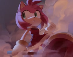 Size: 1200x948 | Tagged: safe, artist:qiinamii, amy rose, hedgehog, looking back, piko piko hammer, smoke, solo, standing