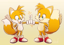 Size: 1200x846 | Tagged: safe, artist:vaporotem, miles "tails" prower, fox, sonic the hedgehog 2 (2022), child, gradient background, high five, self paradox, smiling