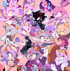 Size: 1170x1200 | Tagged: safe, artist:spinstellar, blaze the cat, cat, flames, image collage, pink background, simple background, sol emerald