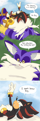 Size: 1200x3600 | Tagged: safe, artist:qkora01, big the cat, shadow the hedgehog, cat, hedgehog, crying, laying on them, reaching up