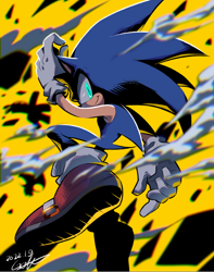 Size: 710x900 | Tagged: safe, artist:gareki, sonic the hedgehog, hedgehog, abstract background, action, debris, dust clouds, posing, solo, stylized