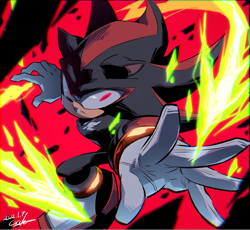 Size: 900x829 | Tagged: safe, artist:gareki, shadow the hedgehog, hedgehog, abstract background, action, chaos spear, debris, solo, stylized