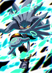 Size: 643x900 | Tagged: safe, artist:gareki, silver the hedgehog, hedgehog, abstract background, action, debris, floating, glowing, psychokinesis, solo, stylized