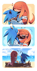 Size: 627x1200 | Tagged: safe, artist:gareki, knuckles the echidna, sonic the hedgehog, echidna, hedgehog, duo, gay, kiss on head, knuxonic, laughing, shipping, sitting, sonic boom (tv)