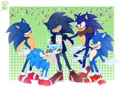 Size: 1200x838 | Tagged: safe, artist:artsyblue, sonic the hedgehog, hedgehog, sonic the hedgehog 2 (2022), abstract background, boom sonic, cake, classic sonic, crying, self paradox, smiling, ugly sonic