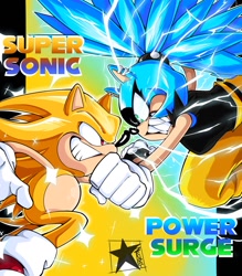 Size: 1052x1200 | Tagged: safe, artist:america senpai, sonic the hedgehog, super sonic, surge the tenrec, hedgehog, tenrec, abstract background, fight, gradient background, grinning, super form