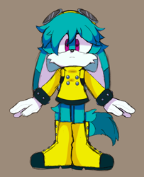 Size: 1666x2048 | Tagged: safe, artist:b0nnabelle, kit the fennec, fox, aged up, beige background, boots, bracelet, fennec, gloves, goggles, goggles on head, looking at viewer, male, posing, shirt, simple background, solo