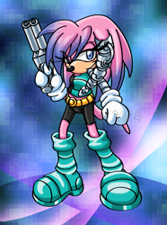 Size: 1303x1748 | Tagged: safe, artist:bellseashell, julie-su, echidna, abstract background, clenched fist, cyborg, gun, holding something, looking at viewer, smile, solo, standing