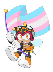 Size: 3000x4070 | Tagged: safe, artist:evillexie, charmy bee, bee, child, flag, flying, gloves, headcanon, holding something, looking at viewer, mid-air, mouth open, pride flag, shoes, simple background, solo, trans male, trans pride, transgender, transparent background