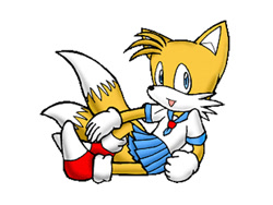 Size: 400x300 | Tagged: artist needed, source needed, safe, miles "tails" prower, fox, clenched fist, dress, femboy, gloves, looking at viewer, male, mouth open, posing, shoes, simple background, socks, solo, white background