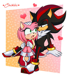 Size: 1280x1463 | Tagged: safe, artist:amumi, amy rose, shadow the hedgehog, hedgehog, abstract background, duo, gradient background, shadamy, shipping, straight