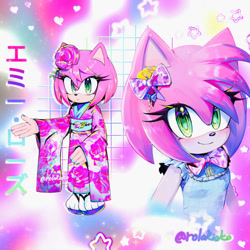 Size: 1280x1280 | Tagged: safe, artist:rolakioko, amy rose, hedgehog, abstract background, alternate outfit, female, kimono, solo