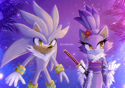 Size: 1280x908 | Tagged: safe, artist:rolakioko, blaze the cat, silver the hedgehog, cat, hedgehog, alternate outfit, female, male, shipping, silvaze, straight