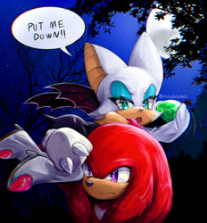 Size: 1280x1379 | Tagged: safe, artist:rolakioko, knuckles the echidna, rouge the bat, bat, echidna, chaos emerald, female, holding them, knuxouge, male, shipping, straight
