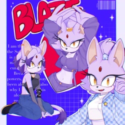 Size: 3600x3600 | Tagged: safe, artist:octoooo__, blaze the cat, cat, abstract background, cover art, hair over one eye, looking at viewer, looking offscreen, magazine, midriff, solo