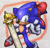 Size: 717x686 | Tagged: safe, artist:onechanart, caliburn, sonic the hedgehog, hedgehog, sonic and the black knight, abstract background, bow, cute, solo, sonabetes, sword