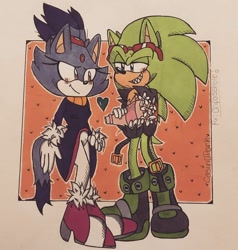 Size: 828x868 | Tagged: safe, artist:casin0park, blaze the cat, scourge the hedgehog, cat, hedgehog, abstract background, crack shipping, duo, female, male, markerwork, outline, scourgaze, shipping, straight, traditional media