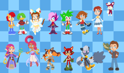 Size: 2584x1532 | Tagged: safe, artist:the-gitz, chip, chris thorndyke, gadget the wolf, manik the hedgehog, merlina the wizard, princess elise, princess sara, sally acorn, shahra, sonia the hedgehog, sticks the badger, tangle the lemur, tekno the canary, tom wachowski, badger, bird, chipmunk, hedgehog, human, lemur, wolf, sonic and the black knight, sonic forces, sonic the hedgehog (2006), sonic the hedgehog (2020), sonic the ova, sonic underground, sonic unleashed, abstract background, canary, djinn, everyone is here, female, group, lineless, male, sonic and the secret rings, sonic boom (tv), sonic x, townsperson, wall of tags