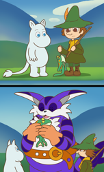 Size: 900x1485 | Tagged: safe, artist:the-gitz, big the cat, froggy, cat, frog, ambiguous gender, crossover, male, moomins, moomintroll, snufkin