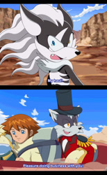 Size: 640x1036 | Tagged: safe, artist:the-gitz, chris thorndyke, infinite the jackal, t.w. barker, dog, human, jackal, sonic forces, fake screenshot, male, males only, sonic boom (tv), sonic x, style emulation