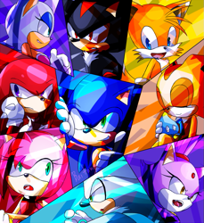 Size: 733x800 | Tagged: safe, artist:baitong9194, amy rose, blaze the cat, cheese (chao), cream the rabbit, knuckles the echidna, miles "tails" prower, rouge the bat, shadow the hedgehog, silver the hedgehog, sonic the hedgehog, bat, cat, chao, echidna, fox, hedgehog, rabbit, agender, female, group, male, neutral chao