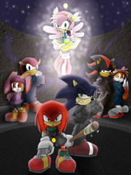 Size: 800x1068 | Tagged: safe, artist:tigerfog, amy rose, cream the rabbit, knuckles the echidna, mighty the armadillo, miles "tails" prower, shadow the hedgehog, sonic the hedgehog, armadillo, echidna, fox, hedgehog, rabbit, child, female, group, gun, male, weapon