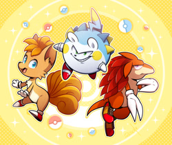 Size: 1100x930 | Tagged: safe, artist:vaporotem, knuckles the echidna, miles "tails" prower, sonic the hedgehog, sonic mania, abstract background, cute, knucklebetes, male, nintendo, pokemon, sandslash, sonabetes, species swap, tailabetes, togedemaru, vulpix