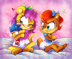 Size: 1100x891 | Tagged: safe, artist:vaporotem, mina mongoose, sally acorn, sonic the hedgehog, chipmunk, mongoose, aged down, baby, child, cute, diaper, duo, female, minabetes, sallabetes, stuffed animal