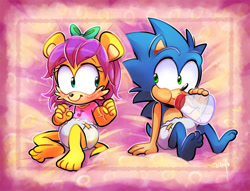 Size: 1200x915 | Tagged: safe, artist:vaporotem, mina mongoose, sonic the hedgehog, hedgehog, mongoose, aged down, baby, child, cute, diaper, duo, female, male, minabetes, sonabetes