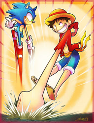 Size: 1067x1400 | Tagged: safe, artist:vaporotem, sonic the hedgehog, hedgehog, human, abstract background, crossover, duo, luffy, male, one piece, punching