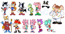 Size: 1984x1038 | Tagged: safe, artist:vaporotem, elias acorn, fiona fox, geoffrey st. john, hershey the cat, julie-su, leeta the wolf, lyco the wolf, mammoth mogul, manik the hedgehog, merlin prower, mina mongoose, sonia the hedgehog, cat, chipmunk, echidna, fox, hedgehog, mammoth, mongoose, skunk, wolf, sonic underground, everyone is here, feist, female, group, male, panda, redesign, simple background, tommy turtle, turtle, white background